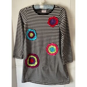 Hanna Andersson Girls Striped Dress 140 Black Cream Multi Ruffle Floral 100% Cot